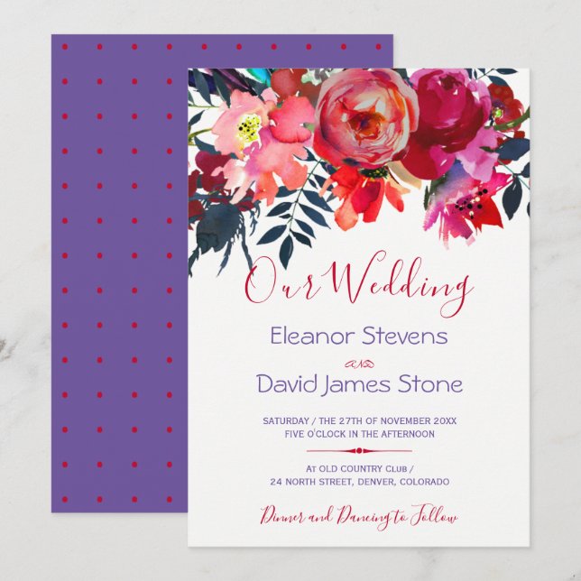 Watercolor red purple peony bouquet wedding invitation (Front/Back)