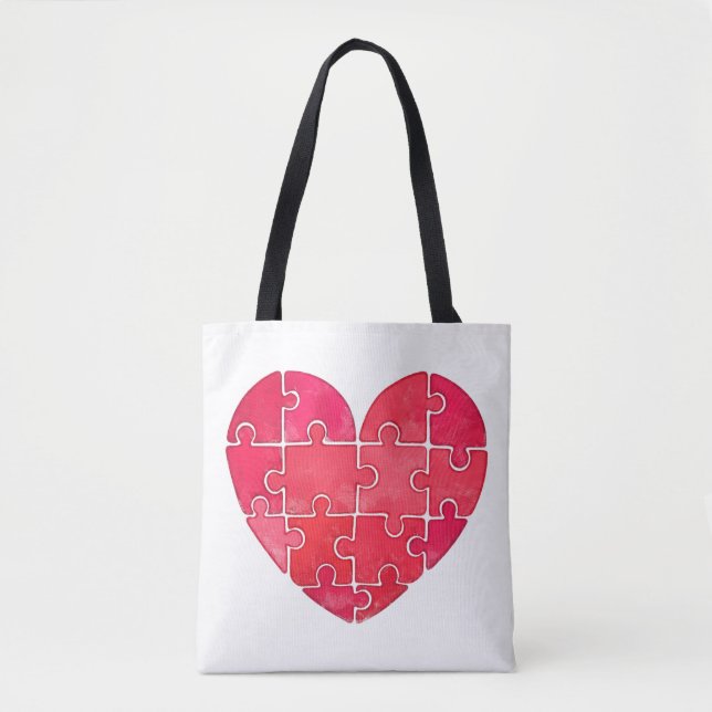 Watercolor red puzzle heart, red hearts pattern tote bag (Front)