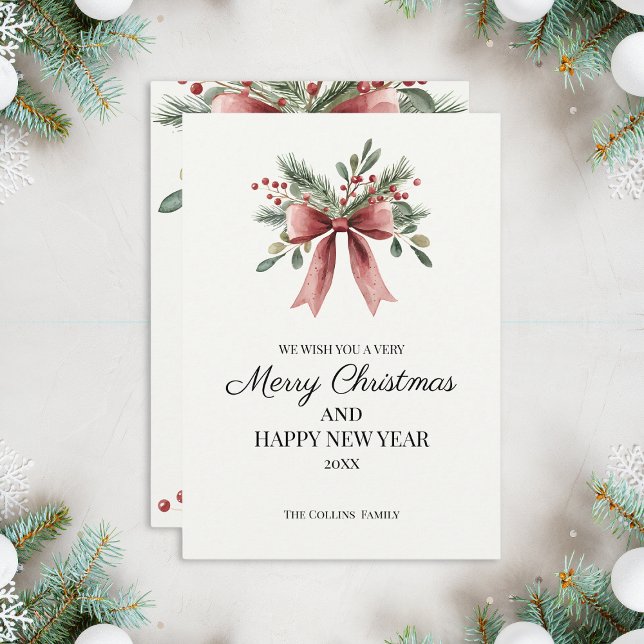 Watercolor Red Ribbon Bow Berries Simple Christmas Holiday Card (Watercolor Red Ribbon Bow Berries Simple Christmas Holiday Card)