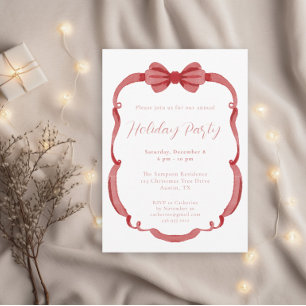Watercolor Red Ribbon Frame Christmas Party Invite