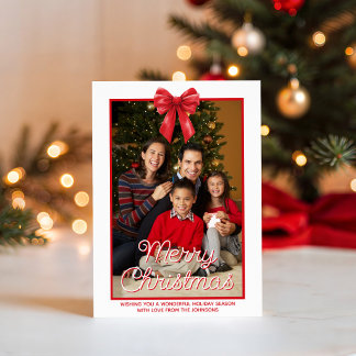 Watercolor Red Ribbon Full Photo Merry Christmas Holiday Card