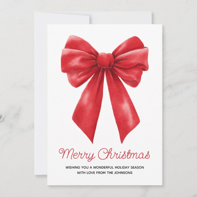 Watercolor Red Ribbon Merry Christmas Holiday Card (Front)