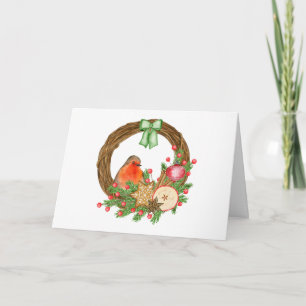 Watercolor Red Robin and Christmas Rustic Wreath Card