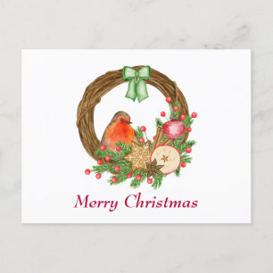 Watercolor Red Robin and Christmas Rustic Wreath Postcard