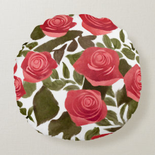 Watercolor Red Rose Bouquet Round  Pillow