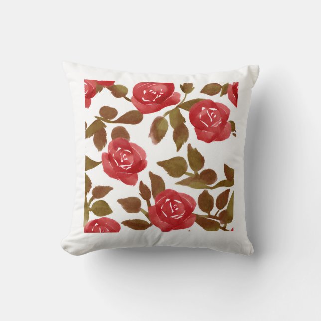 Watercolor Red Rose Bouquet Throw Pillow (Front)