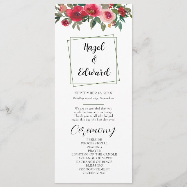 Watercolor Red Rose Floral Wedding Program Programme (Front)