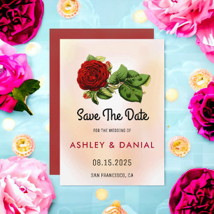 Watercolor red rose floral Wedding Save the Date Invitation