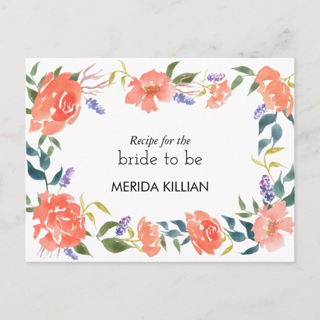 Watercolor Red Rose Flowers Bridal Shower Recipe Postcard (Front)