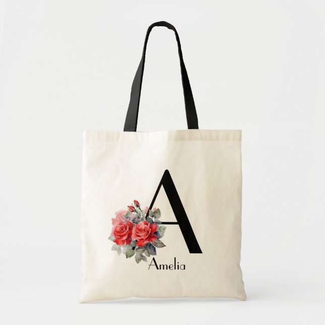 Watercolor red rose Letter A Monogram Bridesmaid Tote Bag (Front)