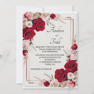 Watercolor red rose wedding invitation