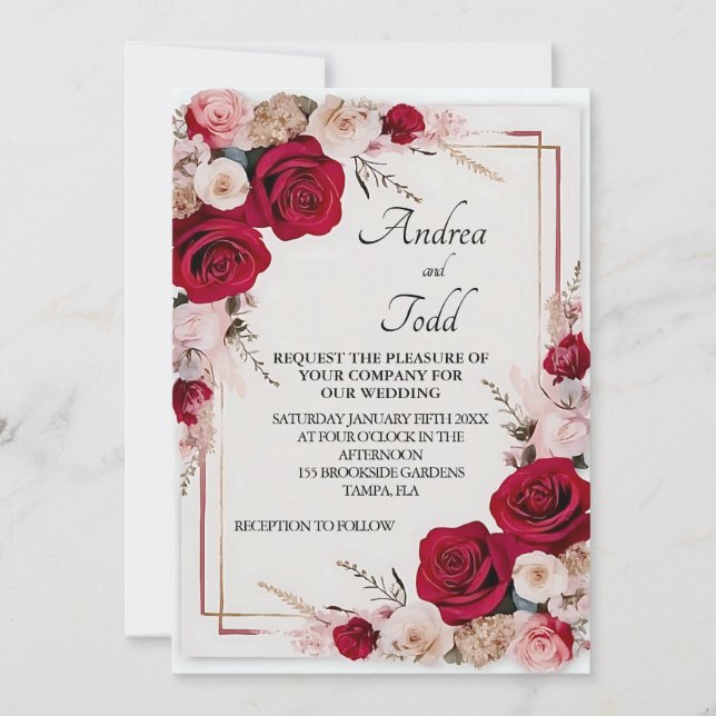 Watercolor red rose wedding invitation (Front)
