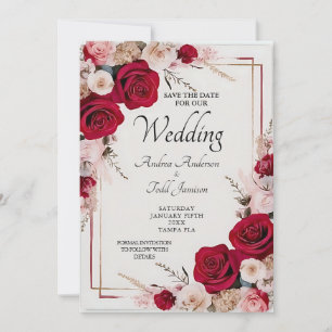 Watercolor red rose wedding save the date