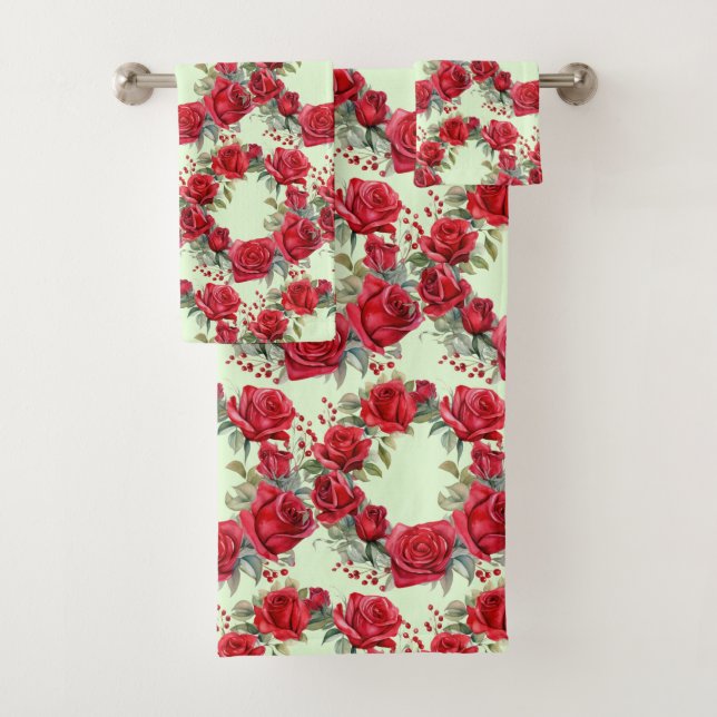 Watercolor Red Roses  Bath Towel Set (Insitu)