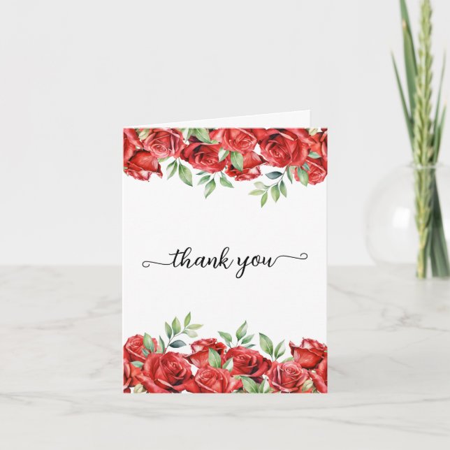 Watercolor Red Roses Border Thank You Card (Front)