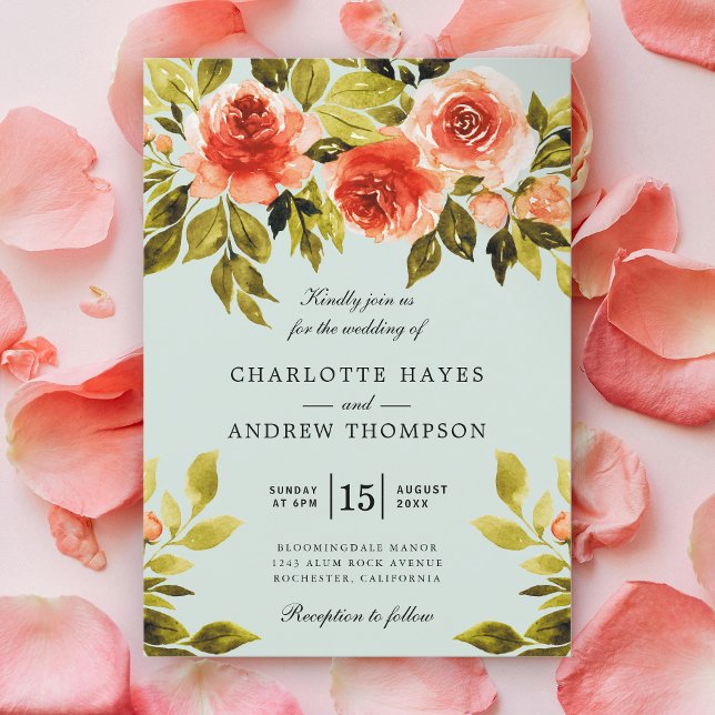 Watercolor Red Roses Botanical Mint Green Wedding Invitation (Creator Uploaded)