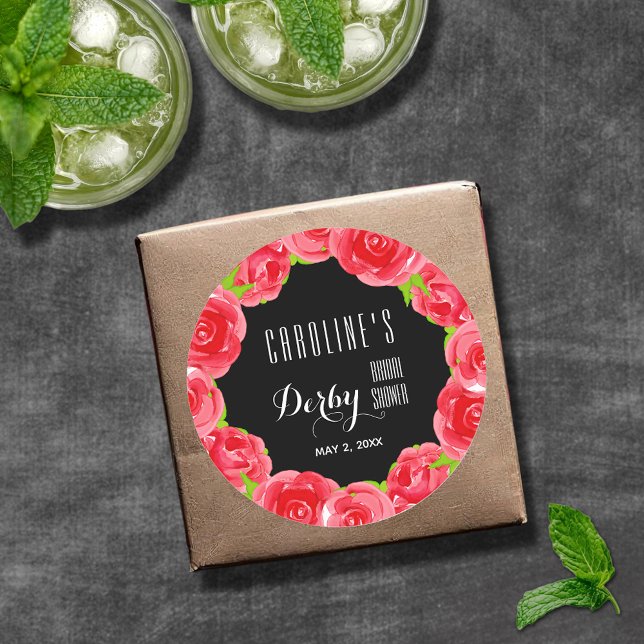 Watercolor Red Roses Derby Bridal Shower Classic Round Sticker (Watercolor red roses Derby themed bridal shower round stickers)