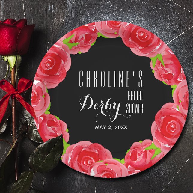 Watercolor Red Roses Derby Bridal Shower Paper Plate (Creator Uploaded)
