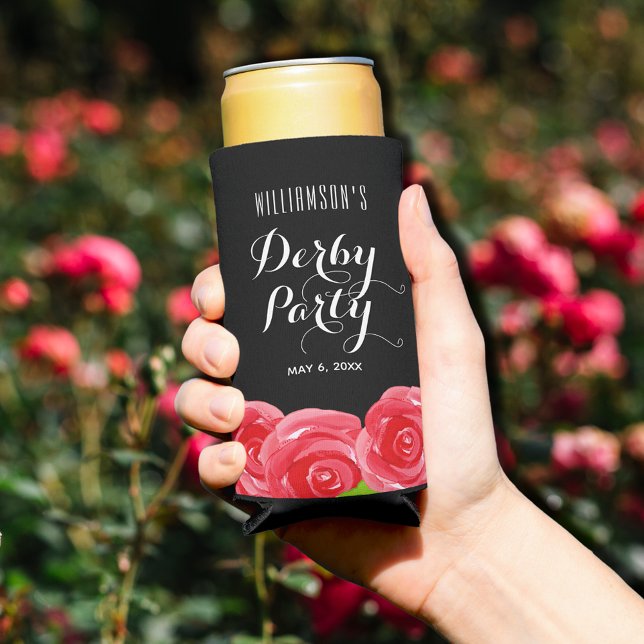 Watercolor Red Roses Derby Party Seltzer Can Cooler (Red roses Derby party seltzer can coolers, great to use at your party and give as favors)