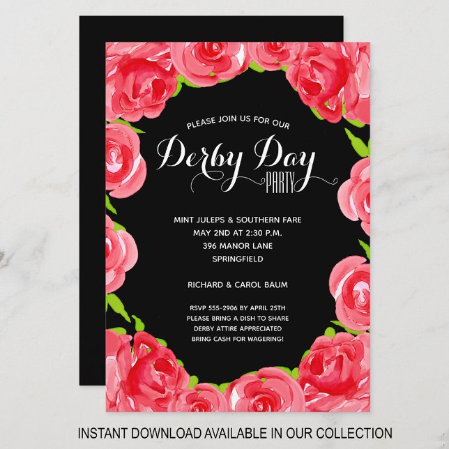 Watercolor Red Roses Derby Race Party Invitations (INSTANT DOWNLOAD available in our collection to send your invitations digitally.)