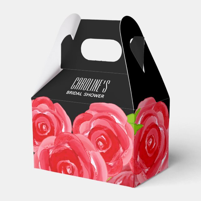 Watercolor Red Roses Floral Gable Style Favour Box (Front Side)