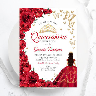 Watercolor Red Roses Floral Quinceanera Invitation