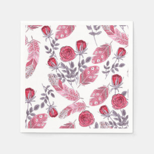 Watercolor red roses flowers feathers white napkin