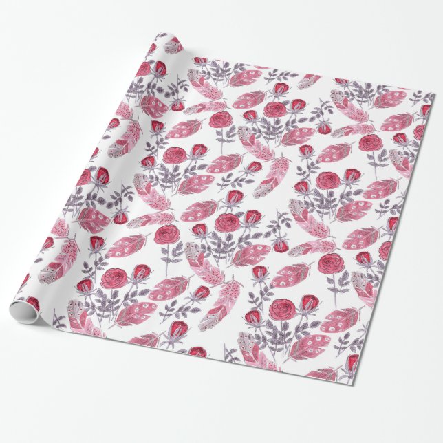 Watercolor red roses flowers feathers white wrapping paper (Unrolled)
