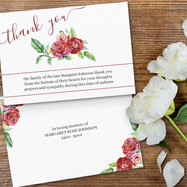 Watercolor Red Roses Funeral Thank You Card (Creator Uploaded)