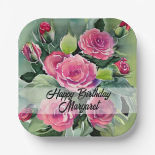 Watercolor Red Roses Happy Birthday Paper Plate