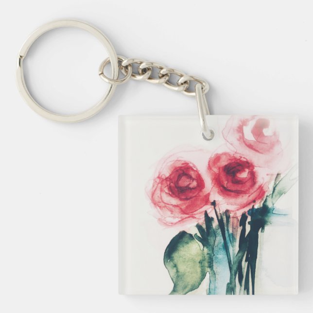 Watercolor Red Roses Key Ring (Front)