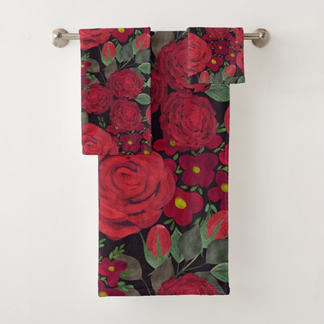 Watercolor red roses on black, bath towel set (Insitu)
