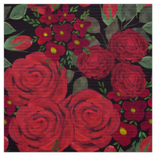 Watercolor red roses on black, fabric