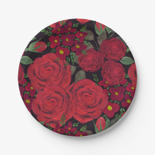 Watercolor red roses on black, paper plate