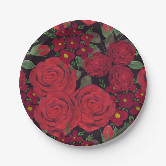 Watercolor red roses on black, paper plate (Front)