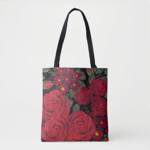 Watercolor red roses on black, tote bag