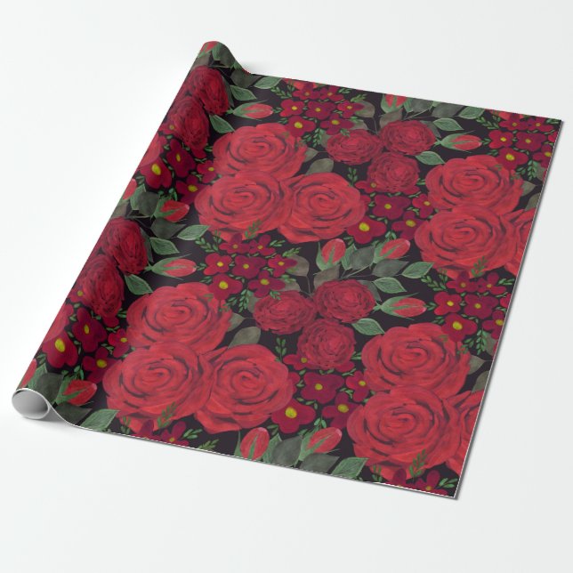 Watercolor red roses on black, wrapping paper (Unrolled)