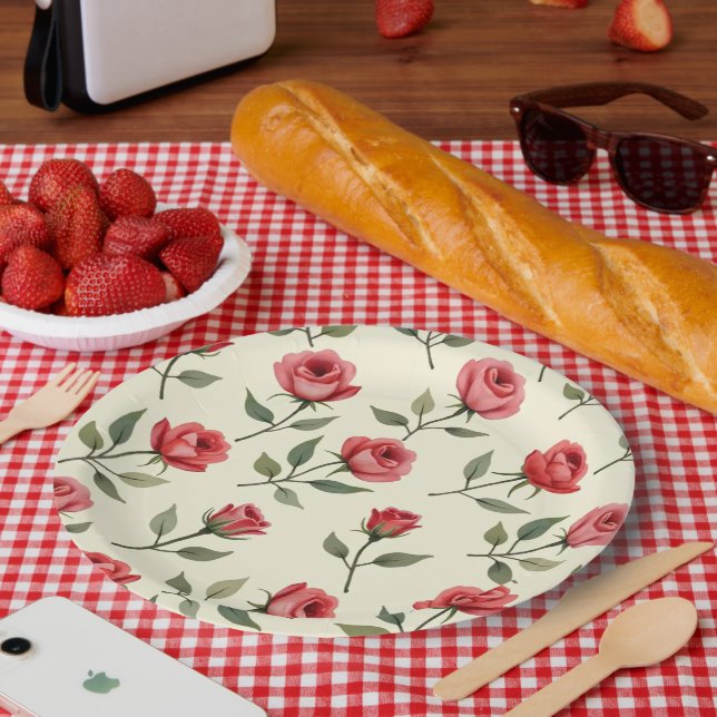 Watercolor Red Roses Paper Plates (Picnic)
