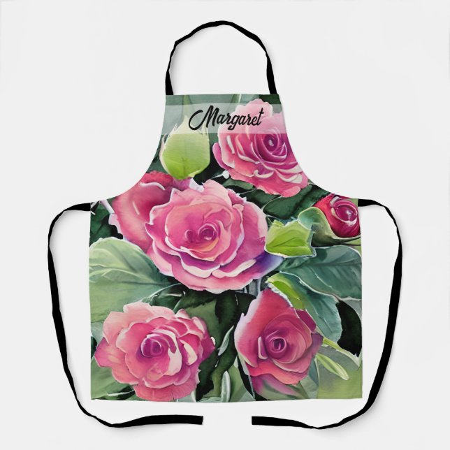 Watercolor Red Roses Personalised Apron (Front)