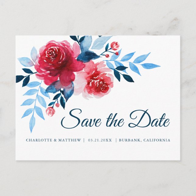 Watercolor  Red Roses Save The Date Announcement Postcard (Front)