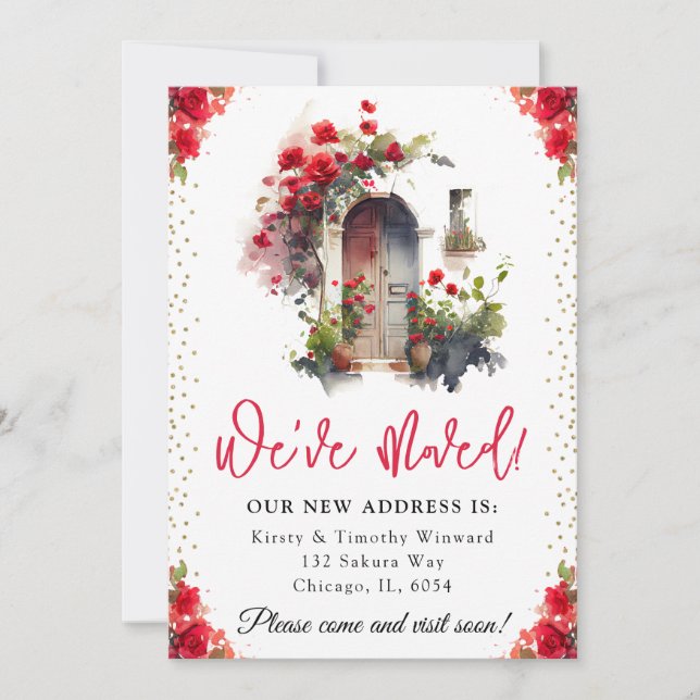 Watercolor Red Roses Spring Door New Home Announcement (Front)