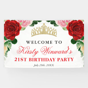 Watercolor Red Roses Welcome Birthday Party Banner