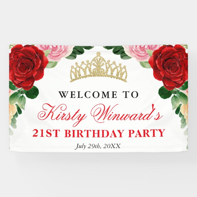 Watercolor Red Roses Welcome Birthday Party Banner (Horizontal)