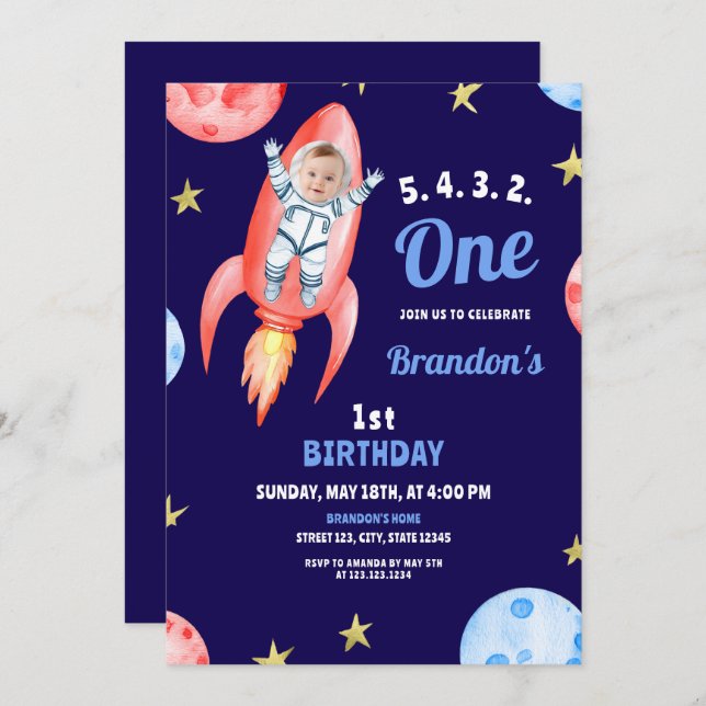 Watercolor Red Space Rocket Astronaut 1st Birthday Invitation (Front/Back)