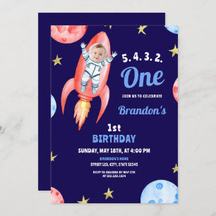 Watercolor Red Space Rocket Astronaut 1st Birthday Invitation