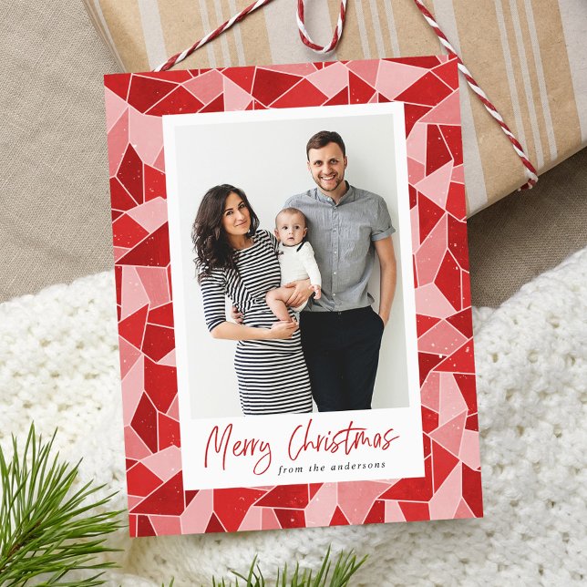 Watercolor Red Stained Glass Merry Christmas Photo Holiday Postcard (Creator Uploaded)