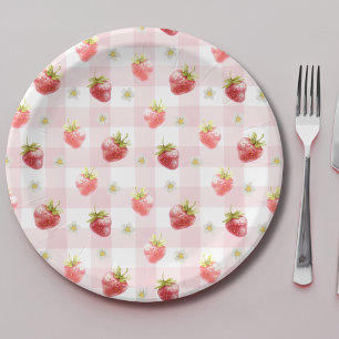 Watercolor Red Strawberry Pink Plaid  Paper Plate