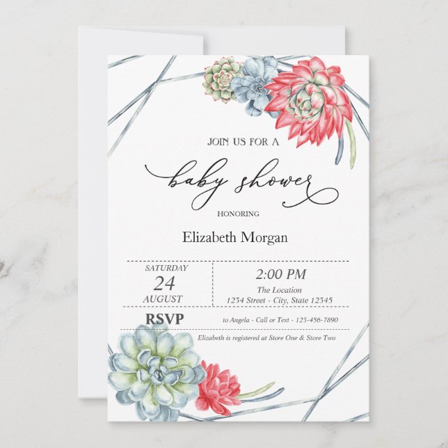 Watercolor Red Succulents Baby Shower Invitation (Front)