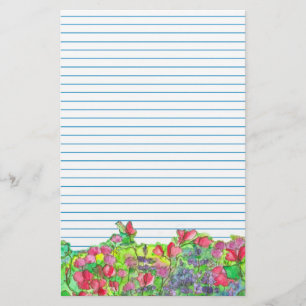 Watercolor Red Sweet Peas Blue Lined Stationery