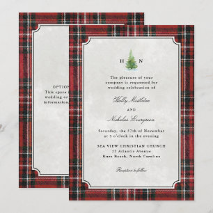 Watercolor Red Tartan Plaid Tree Christmas Winter Invitation